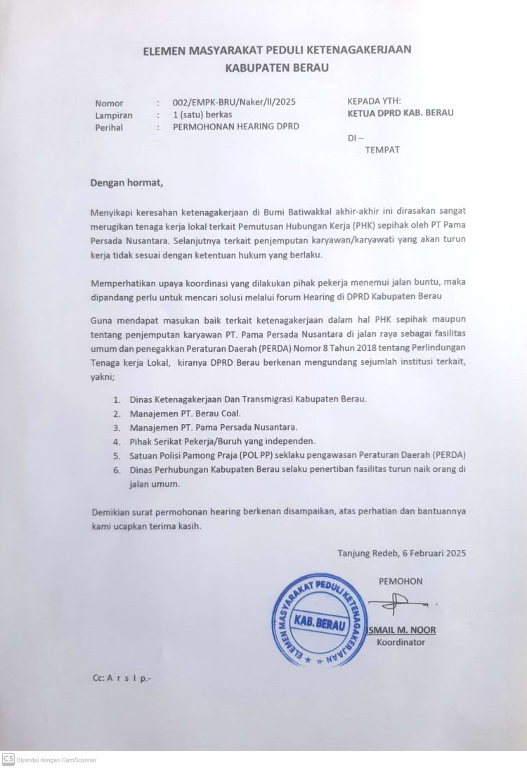 Elemen Masyarakat Berau Desak DPRD Gelar Hearing Terkait PHK Sepihak di PT Pama Persada Nusantara