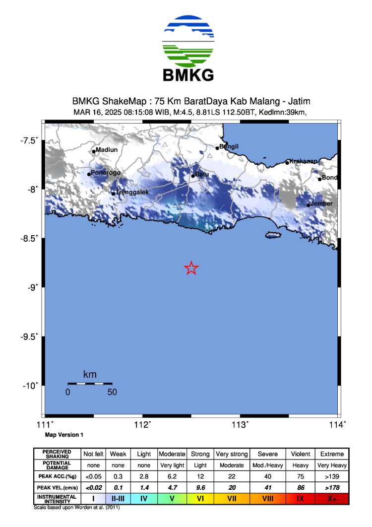 GEMPA BUMI TEKTONIK M4,5 DIRASAKAN DI KAB. MALANG, JATIM