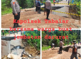 Putus Total akibat Longsor, Polsek Tabalar bersama Warga Bangun Jembatan Darurat di Jalan Poros Provinsi –Talisayan