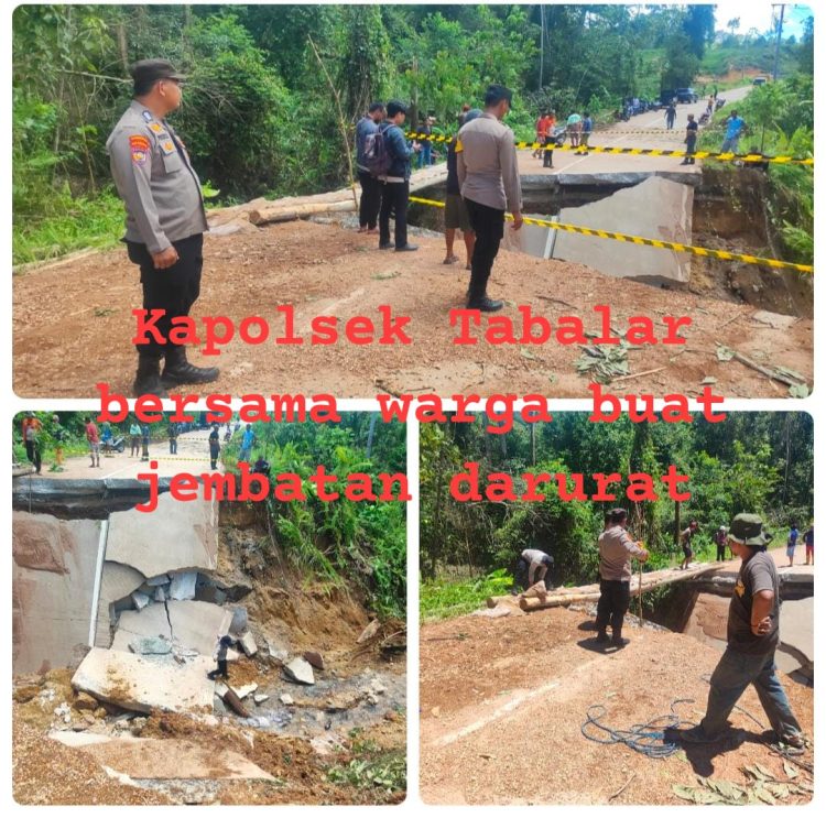 Putus Total akibat Longsor, Polsek Tabalar bersama Warga Bangun Jembatan Darurat di Jalan Poros Provinsi –Talisayan