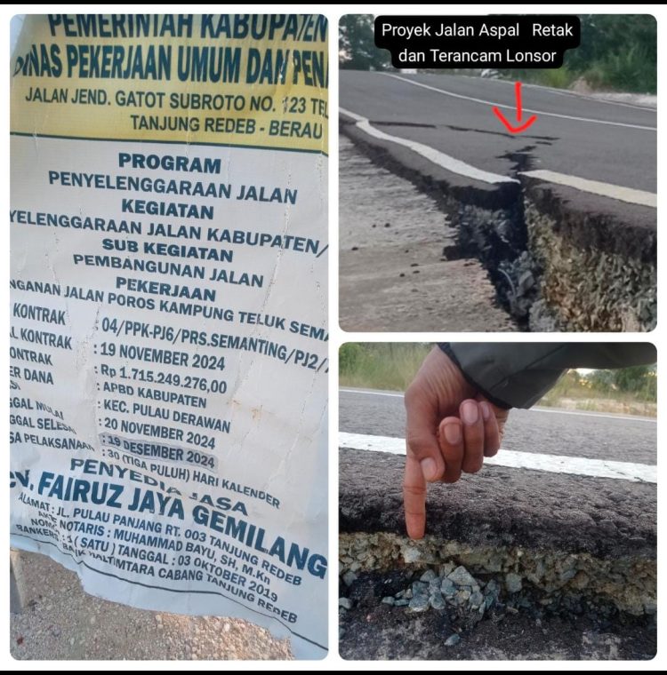 Proyek Jalan di Teluk Semanting Diduga Asal Jadi, Retak Parah Usai Diresmikan: Kontraktor dan DPUPR Berau Bungkam
