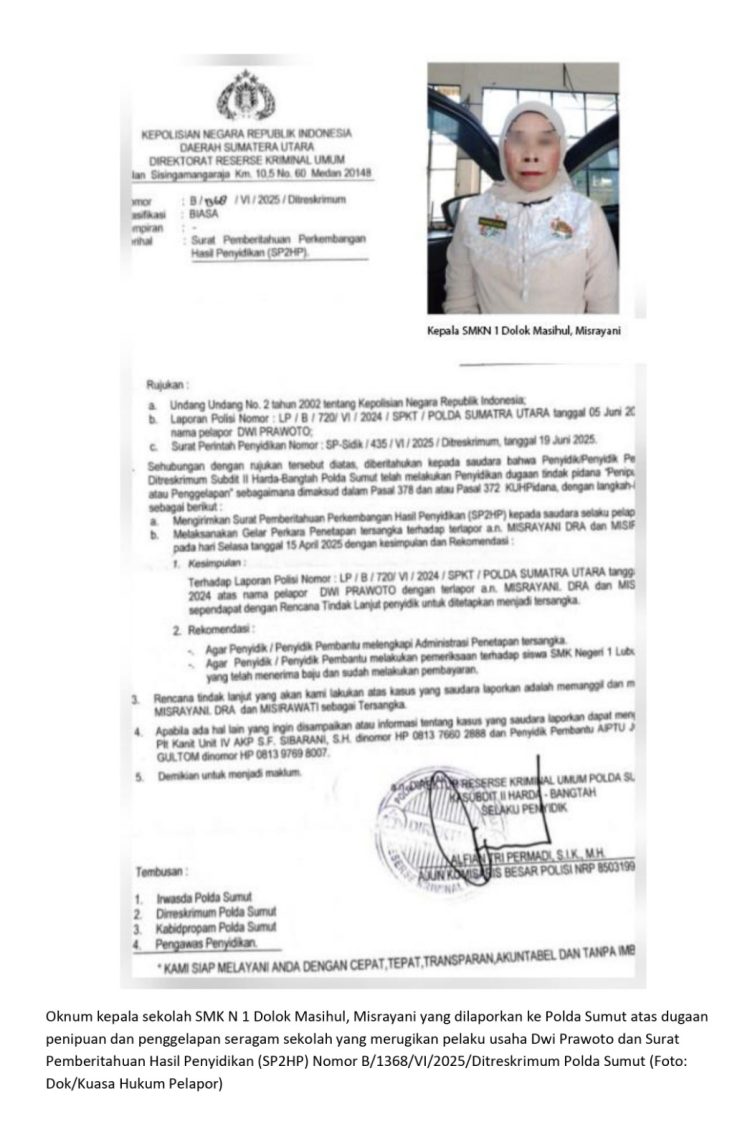Kepala SMKN 1 Dolok Masihul Misrayani Berstatus Tersangka, Tapi Belum Dilakukan Penahanan