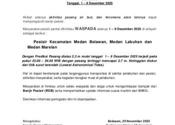 BMKG Keluarkan Peringatan Dini Banjir Pesisir (Rob) di Wilayah Belawan