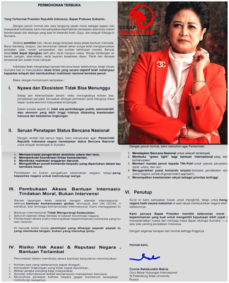 Prof Connie Rahakundini, Layangkan Surat Permohonan Terbuka Kepada Presiden Prabowo Subianto Terkait Bencana Sumatra