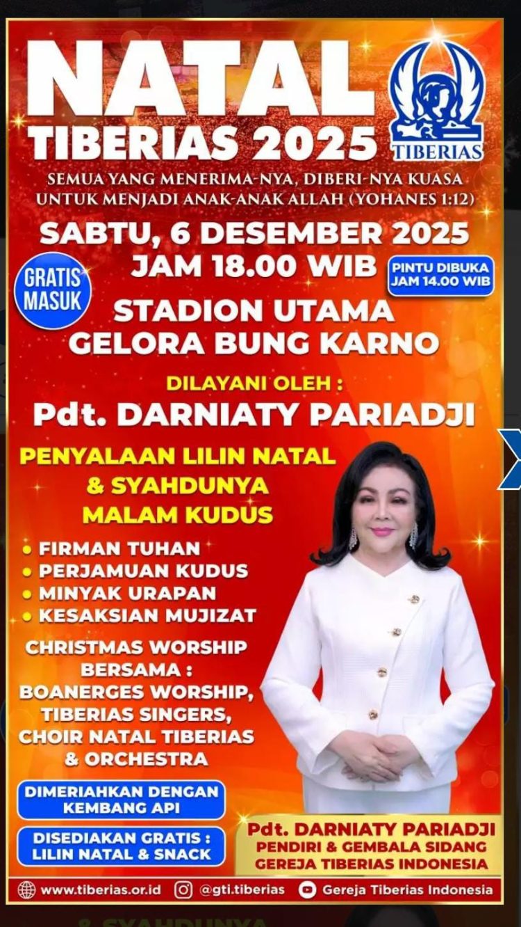 Natal Tiberias 2025 Digelar di GBK, dengan Tema “Kuasa untuk Menjadi Anak-anak ALLAH”