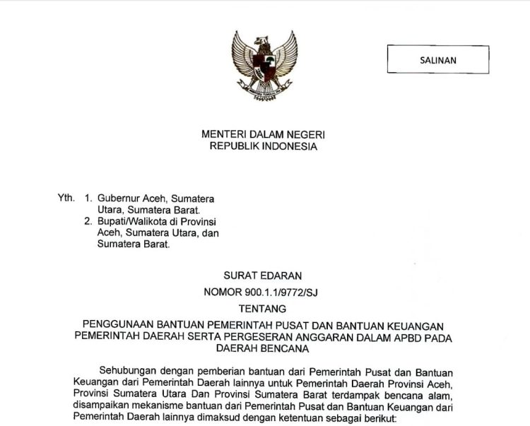 Mendagri Terbitkan SE Penggunaan Bantuan Keuangan dan Pergeseran Anggaran pada Daerah Bencana