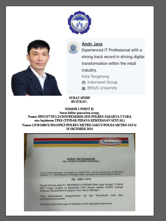 ANDY JAYA, MANTAN MANAGER IT INDOMARET PUSAT – DPO TERSANGKA KEJAHATAN TINDAK PIDANA KEKERASAN SEKSUAL (TPKS)