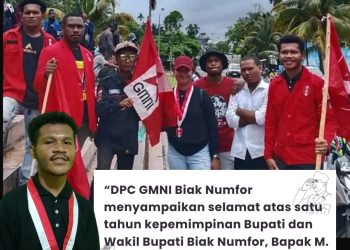 DPC GMNI Biak Numfor menyampaikan selamat atas satu tahun kepemimpinan Bupati dan Wakil Bupati Biak Numfor, Bapak M. Mansnembra dan Bapak J.C. Rumbarar Kapisa.