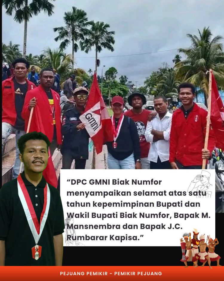 DPC GMNI Biak Numfor menyampaikan selamat atas satu tahun kepemimpinan Bupati dan Wakil Bupati Biak Numfor, Bapak M. Mansnembra dan Bapak J.C. Rumbarar Kapisa.