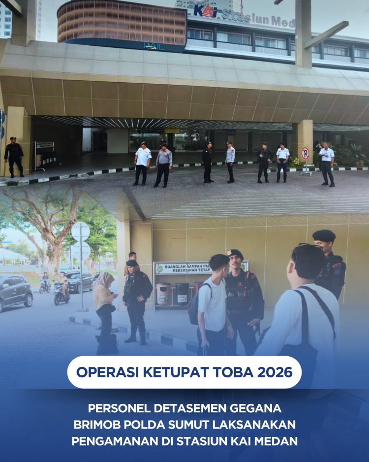 Personel Den Gegana Sat Brimob Polda Sumut Laksanakan Pengamanan di Stasiun KAI Medan dalam Operasi Ketupat Toba 2026