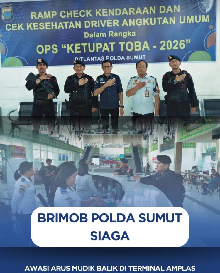 Brimob Polda Sumut Siaga Awasi Arus Mudik Balik di Terminal Amplas