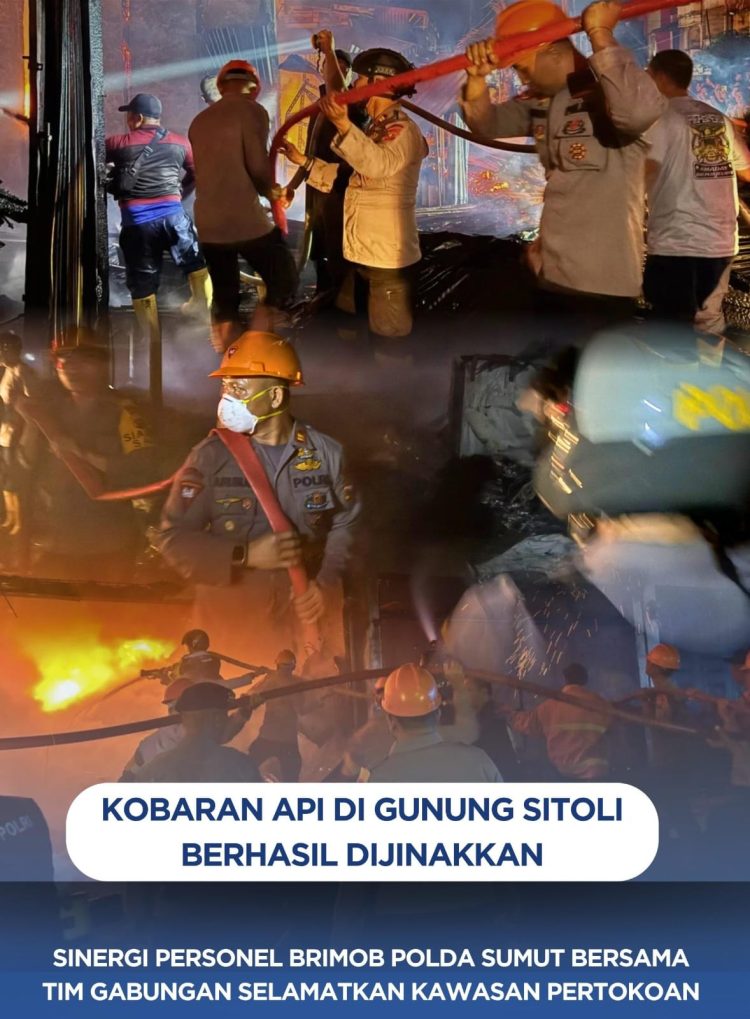 Kobaran Api di Gunung Sitoli Berhasil Dijinakkan! Sinergi Personel Brimob Polda Sumut Bersama Tim Gabungan Selamatkan Kawasan Pertokoan