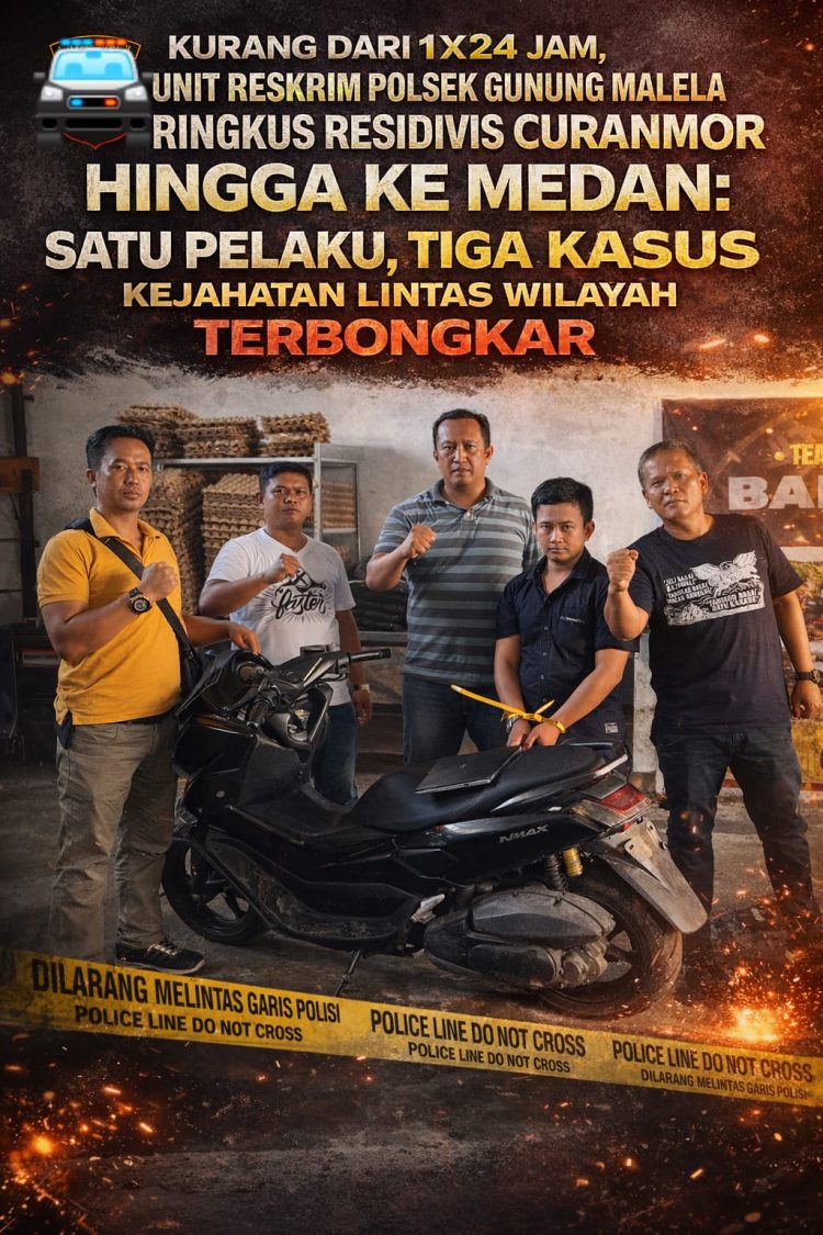 Kurang Dari 1×24 Jam, Unit Reskrim Polsek Gunung Malela Ringkus Residivis Curanmor Hingga Ke Medan: Satu Pelaku, Tiga Kasus Kejahatan Lintas Wilayah Terbongkar