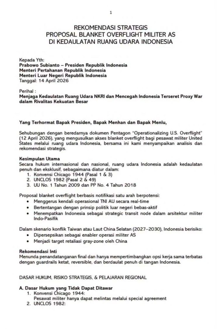 Connie Bakrie Surati Prabowo: Tolak Blanket Overflight AS, Langit RI Bukan Jalur Perang Pihak Lain