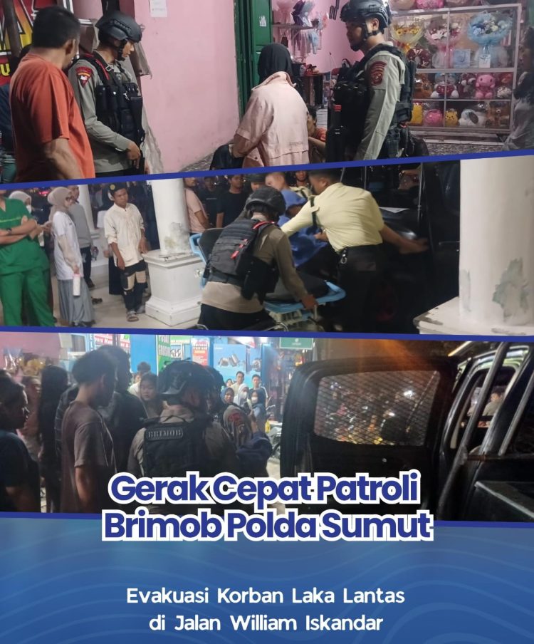 Gerak Cepat Patroli Brimob Polda Sumut Evakuasi Korban Laka Lantas di Jalan William Iskandar