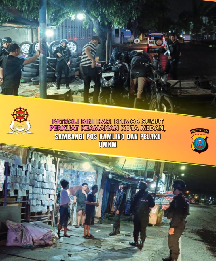 Patroli Dini Hari Brimob Sumut Perkuat Keamanan Kota Medan, Sambangi Pos Kamling dan Pelaku UMKM