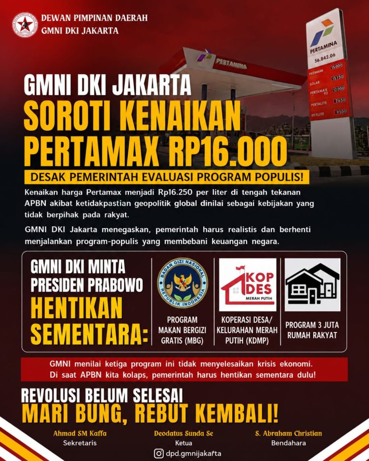 Pertamax Naik Rp16.000, GMNI Desak Pemerintah Evaluasi Program Populis