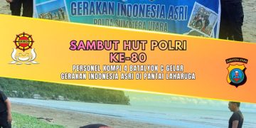 Sambut HUT Polri ke-80, Personel Kompi 4 Batalyon C Gelar Gerakan Indonesia Asri di Pantai Laharuga