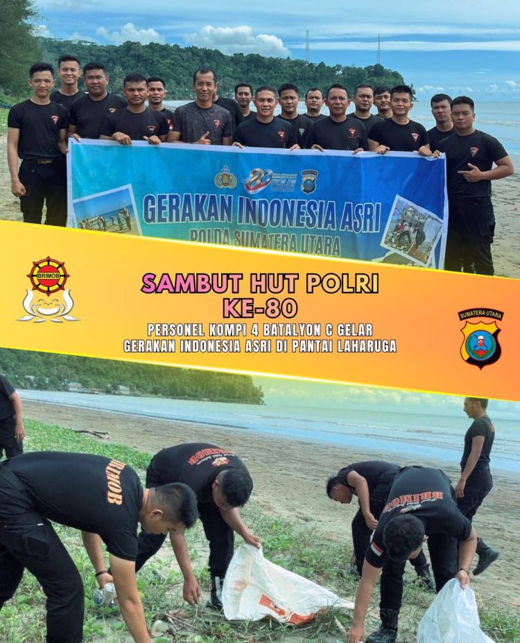 Sambut HUT Polri ke-80, Personel Kompi 4 Batalyon C Gelar Gerakan Indonesia Asri di Pantai Laharuga