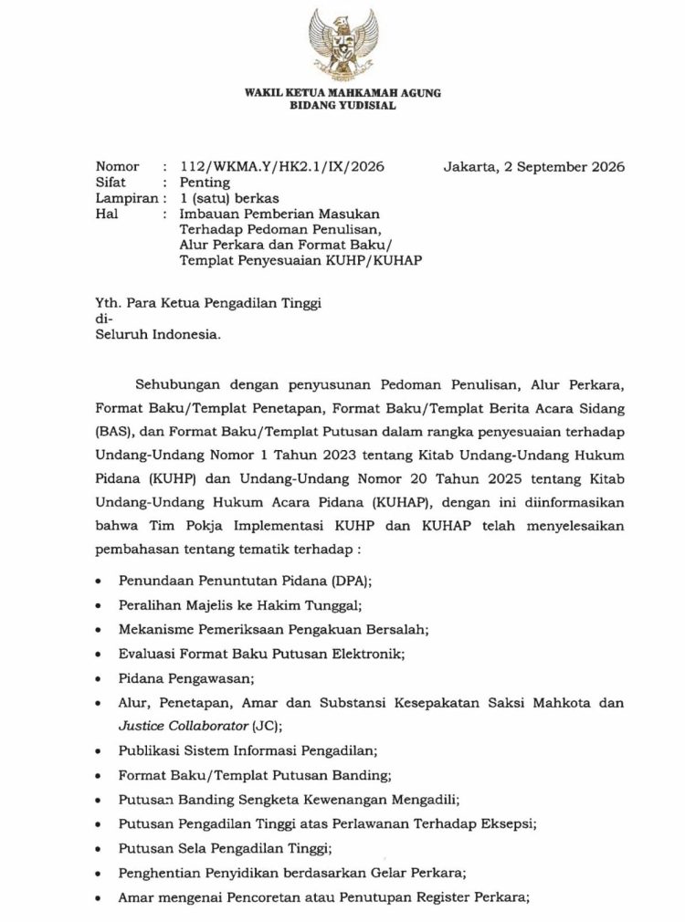 MA terbitkan Imbauan kepada Seluruh KPT Terkait Penyesuaian KUHP-KUHAP