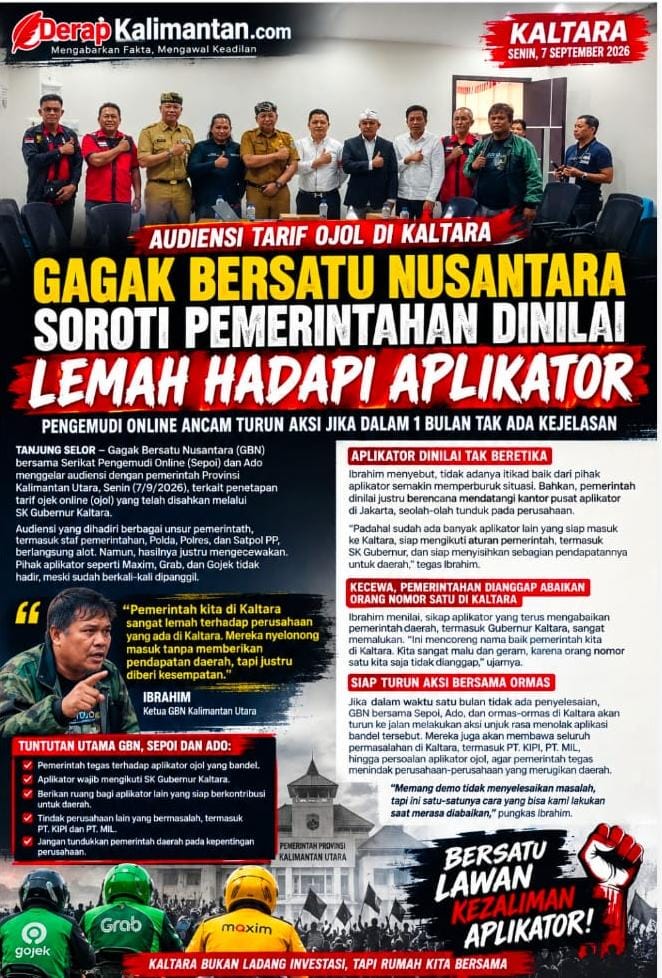SK Tarif Ojol Tak Dihiraukan, Aplikator Mangkir Hearing, GBN Ultimatum Pemprov Kaltara: Sebulan Tak Selesai, Kami Turun Jalan